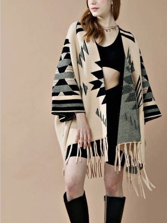 Sweaters - 444.Beige & Black Aztec Fringe Open-Front Poncho Sweater